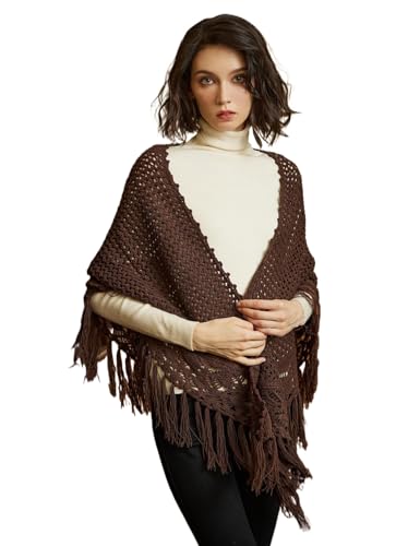 BEAUTELICATE Damen Gestricker Schal Stola Dreiecksschal Warm Hohl Stricken Cape Cardigan Elegantz Dreieckstuch Umschlagtüch mit Fransen für Herbst Winter Frühling (Kaffeebraun, Einheitsgröße) von BEAUTELICATE