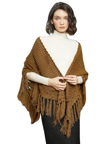 BEAUTELICATE Damen Gestricker Schal Stola Dreiecksschal Warm Hohl Stricken Cape Cardigan Elegantz Dreieckstuch Umschlagtüch mit Fransen für Herbst Winter Frühling (Ockerbraun, Einheitsgröße) von BEAUTELICATE