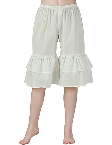 BEAUTELICATE Damen Hosenunterröcke Bloomers 100% Baumwolle Viktorianisch Rüschen Pumphose Kurz Schlafanzughose Mittelalter Renaissance für Dirndl Cosplay (Beige - 2 Lagen Rüschen, XL) von BEAUTELICATE