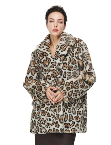 BEAUTELICATE Damen Kunstpelz Jacke Leoparden Mantel Warm Umlegekragen Winterjacke Wintermantel Kunstfell Mantel mit Taschen Langarm Casual Zweireihig Coat Übergangsjacke Midlang Outwear von BEAUTELICATE