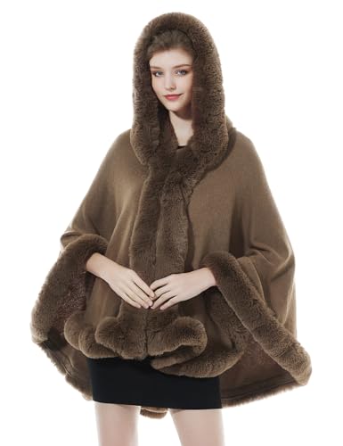 BEAUTELICATE Damen Kunstpelz Strick Poncho Cape Warm Umhang Gestrickt mit Kapuze Cardigan Brautjacke Bolero für Winter Hochzeit Abend Weihnachten (Khaki mit Pelzkragen, Einheitsgröße) von BEAUTELICATE