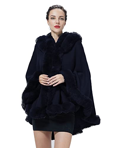 BEAUTELICATE Damen Kunstpelz Strick Poncho Cape Warm Umhang Gestrickt mit Kapuze Cardigan Brautjacke Bolero für Winter Hochzeit Abend Weihnachten (Marineblau mit Pelzkragen, Einheitsgröße) von BEAUTELICATE