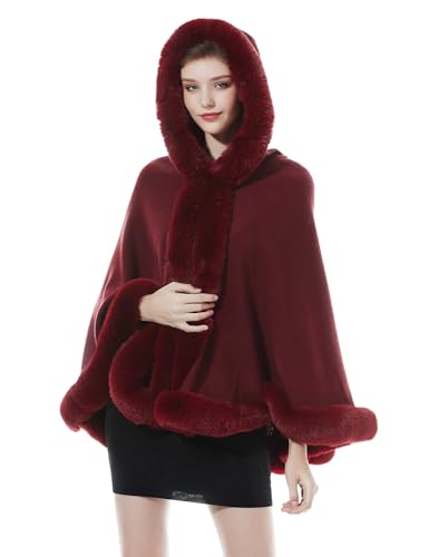 BEAUTELICATE Damen Kunstpelz Strick Poncho Cape mit Kapuze Warm Umhang Cardigan Stola Brautjacke für Winter Hochzeit Abend Weihnachten (Weinrot, Einheitsgröße) von BEAUTELICATE