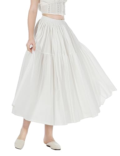 BEAUTELICATE Damen Faltenrock Baumwolle Hohe Taille A-Linien Rock Midiröck Eleganter Stufenrock Lang mit Taschen und Futter Weiß Schwarz von BEAUTELICATE