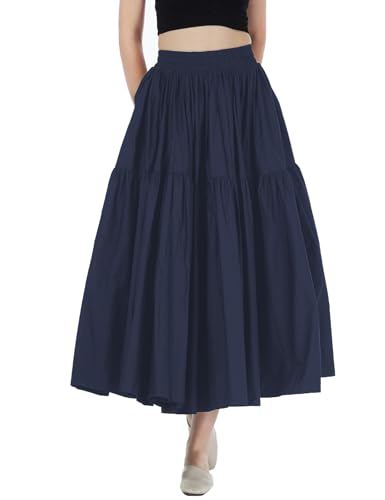 BEAUTELICATE Damen Faltenrock Baumwolle Hohe Taille A-Linien Rock Midiröck Eleganter Stufenrock Lang mit Taschen und Futter Weiß Schwarz von BEAUTELICATE