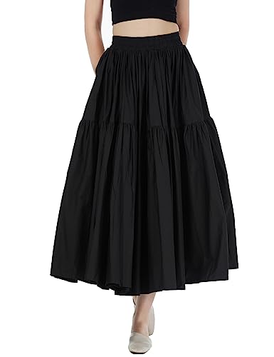 BEAUTELICATE Damen Faltenrock Baumwolle Hohe Taille A-Linien Rock Midiröck Eleganter Stufenrock Lang mit Taschen und Futter Weiß Schwarz von BEAUTELICATE