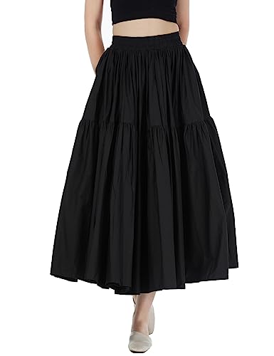 BEAUTELICATE Damen Maxirock Lang Baumwolle Faltenrock Lang Rock mit Zwei Seitentaschen Vintage Big Swing A-Linie Rock Elastische Taille Einfarbiger (Schwarz, XXL) von BEAUTELICATE