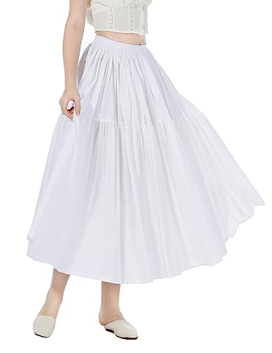 BEAUTELICATE Damen Faltenrock Baumwolle Hohe Taille A-Linien Rock Midiröck Eleganter Stufenrock Lang mit Taschen und Futter Weiß Schwarz von BEAUTELICATE