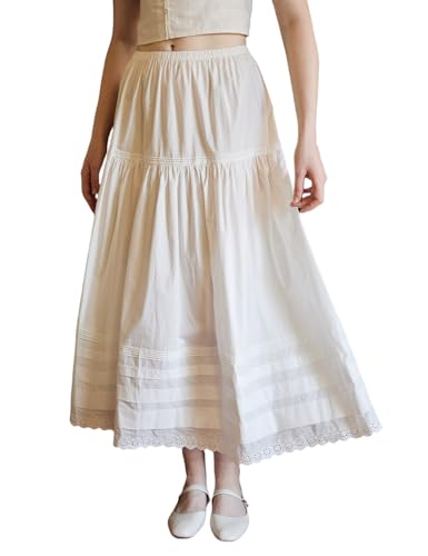 BEAUTELICATE Damen Stufenrock Baumwolle Rock A-Line Lang Bohemien Rock Sommerrock Strandrock Knöchellänge Elastische Taille Elfenbein Weiß,XXL von BEAUTELICATE