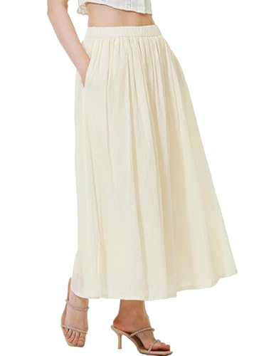 BEAUTELICATE Damen Rock Lange Baumwolle A-Linie Maxirock mit Taschen Retro Plisseerock mit Futter Sommerrock Elastische Taille Weiß (Beige,XL) von BEAUTELICATE