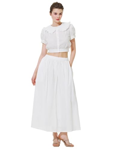 BEAUTELICATE Damen Rock Lange Baumwolle A-Linie Maxirock mit Taschen Retro Plisseerock mit Futter Sommerrock Elastische Taille Weiß (Weiß,XL) von BEAUTELICATE