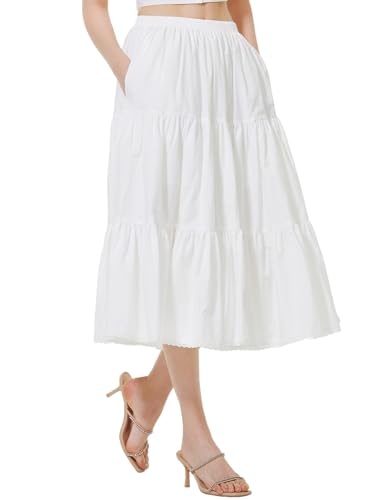 BEAUTELICATE Damen Rock Lange Stufenrock Baumwolle A-Linie Maxirock mit Taschen Retro Plisseerock mit Spitze Sommerrock Elastische Taille (Elfenbein,75cm,S) von BEAUTELICATE