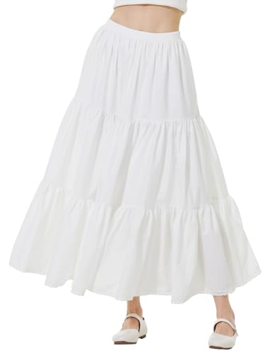 BEAUTELICATE Damen Rock Lange Stufenrock Baumwolle A-Linie Maxirock mit Taschen Retro Plisseerock mit Spitze Sommerrock Elastische Taille (Elfenbein,90cm,S) von BEAUTELICATE