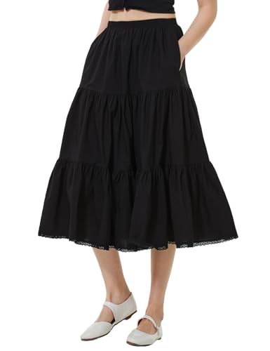 BEAUTELICATE Damen Rock Lange Stufenrock Baumwolle A-Linie Maxirock mit Taschen Retro Plisseerock mit Spitze Sommerrock Elastische Taille (Schwarz,75cm,S) von BEAUTELICATE