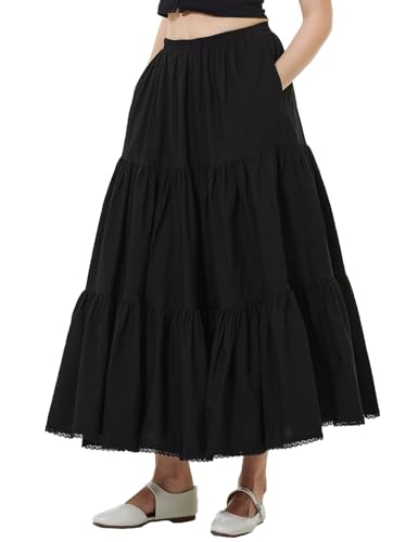 BEAUTELICATE Damen Rock Lange Stufenrock Baumwolle A-Linie Maxirock mit Taschen Retro Plisseerock mit Spitze Sommerrock Elastische Taille (Schwarz,90cm,S) von BEAUTELICATE