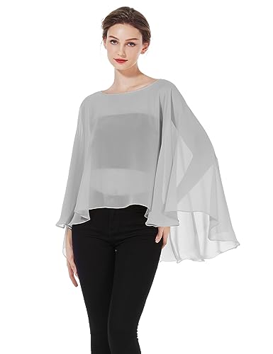 BEAUTELICATE Damen Stola Schal Chiffon Umhang Cape Elegant Für Hochzeit Brautkleid Abendkleid Festlich Ballkleid Strandkleid (Kurzer Stil - Silber, Einheitsgröße) von BEAUTELICATE