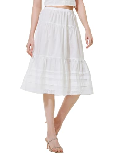 BEAUTELICATE Damen Stufenrock Sommer Baumwolle Retro A-Linie Midi Rock Weiß Knielang Elastischer Bund mit Häkel Spitze, M von BEAUTELICATE