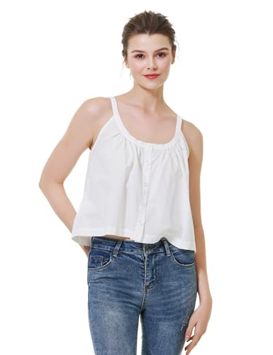 BEAUTELICATE Damen Tank Top 100% Baumwolle U-Ausschnitt Cami Oberteil Ärmellose Sommer Retro Kariertes Crop Top Knopf Singlet (Elfenbein,XL) von BEAUTELICATE