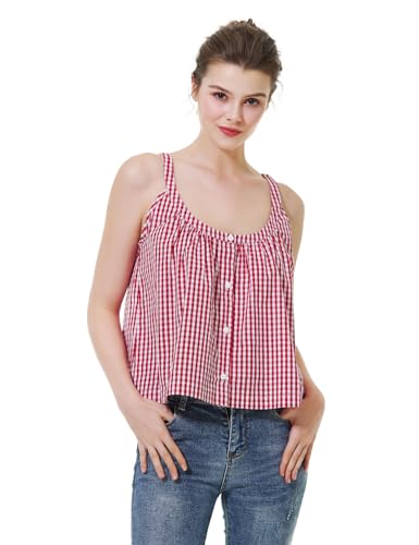 BEAUTELICATE Damen Tank Top 100% Baumwolle U-Ausschnitt Cami Oberteil Ärmellose Sommer Retro Kariertes Crop Top Knopf Singlet (Rot & Weiß,L) von BEAUTELICATE