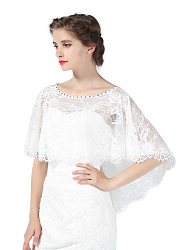 BEAUTELICATE Damen Umhang Cape Boleros Tüll mit Spitze Retro Stola Schal Top für Hochzeit Braut Abendkleid Brautkleid Sommerkleid Weiß von BEAUTELICATE