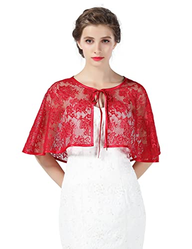 BEAUTELICATE Damen Umhang Cape Spitze Retro Stola Schal Boleros Umschlagtücher für Hochzeit Braut Abendkleid Brautkleid Festlich Sommerkleid (Rot, Übergröße) von BEAUTELICATE