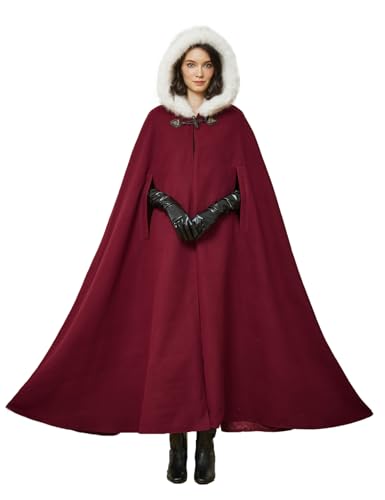 BEAUTELICATE Damen Umhang Mantel mit Kunstfell Kapuze Retro Wollmischung Poncho Cape Lang für Mittelalter Renaissance Cosplay Pelzmantel Hochzeit Brautjacke Winter (Burgund - 140cm,Einheitsgröße) von BEAUTELICATE