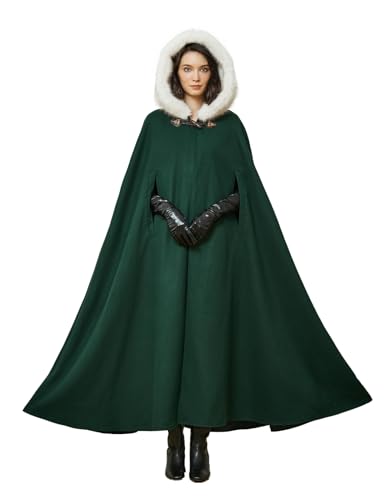 BEAUTELICATE Damen Umhang Mantel mit Kunstfell Kapuze Retro Wollmischung Poncho Cape Lang für Mittelalter Renaissance Cosplay Pelzmantel Hochzeit Brautjacke Winter (ForstGrün - 140cm,Einheitsgröße) von BEAUTELICATE