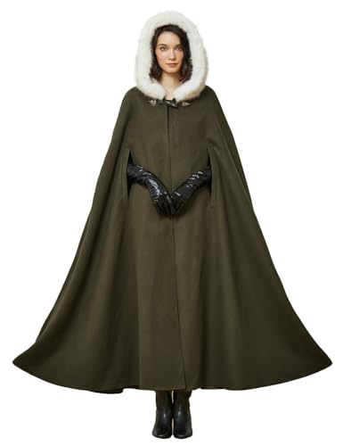 BEAUTELICATE Damen Umhang Mantel mit Kunstfell Kapuze Retro Wollmischung Poncho Cape Lang für Mittelalter Renaissance Cosplay Pelzmantel Hochzeit Brautjacke Winter (MoosGrün - 140cm,Einheitsgröße) von BEAUTELICATE