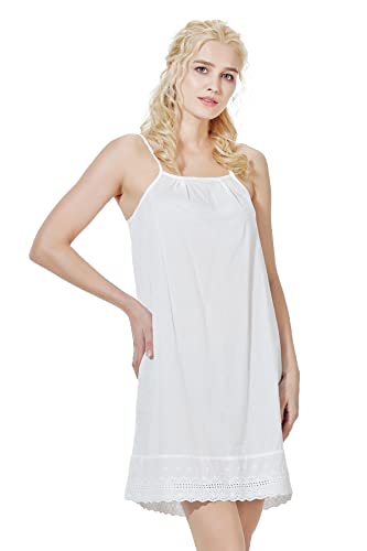 BEAUTELICATE Damen Unterkleid Unterrock Antistatisch 100% Baumwolle Full Slip mit Verstellbarer Träger Vintage Lose Lang Lingerie Mit Spitze Hemdverlängerungen (Hell Elfenbein - Bestickte Spitze, M) von BEAUTELICATE