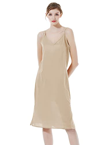 BEAUTELICATE Damen Unterkleid Unterröcke 100% Baumwolle mit Einstellbar Trägern V-Ausschnitt Midi Länge Unterkleid Petticoat für Abendkleid Sexy Lingerie Full Slip Nachthemd Nachtwäsche (Nude, XL) von BEAUTELICATE