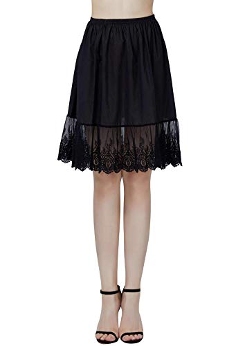 BEAUTELICATE Damen Unterrock 100% Baumwolle Vintage Kurz Halbrock Mit Spitze Stickerei Knielang Dirndl Petticoat (Schwarz-55cm Länge, XXL) von BEAUTELICATE