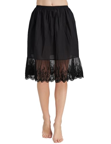 BEAUTELICATE Damen Unterrock 100% Baumwolle Vintage Kurz Halbrock Mit Spitze Stickerei Knielang Dirndl Petticoat (Schwarz, XL-60cm Länge) von BEAUTELICATE