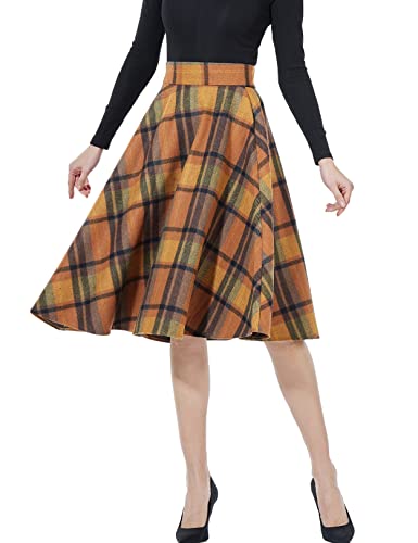 BEAUTELICATE Damen Wollmischung Plaid Midi Rock Hoch elastisch Taille Vintage Tartan A-Linie Rock Winter Flare Langer Rock mit Einer Tasche (Warme Orange, M) von BEAUTELICATE