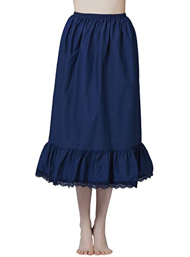 BEAUTELICATE Damen Unterrock 100% Baumwolle Vintage Halbrock Lang Mit Rüsche Spitzenbesatz Röck Half Slip Petticoat (Dunkelblau, L) von BEAUTELICATE