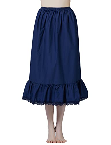 BEAUTELICATE Damen Unterrock 100% Baumwolle Vintage Halbrock Lang Mit Rüsche Spitzenbesatz Röck Half Slip Petticoat (Dunkelblau, S) von BEAUTELICATE