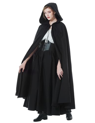 BEAUTELICATE Halloween Umhang mit Kapuze Baumwolle Kapuzenmantel Umhang Damen Unisex Langer Umhang für Mittelalter Weihnachten Cosplay Karneval Weihnachten Kostüm, Schwarz von BEAUTELICATE