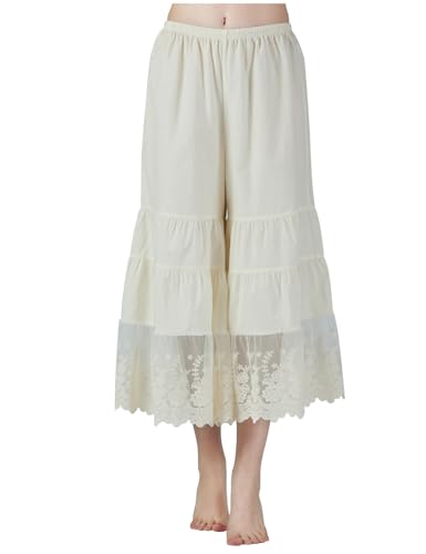 BEAUTELICATE Hosen Unterröcke Damen 100% Baumwolle Culottes Hosen Anti-static Viktorianisch Hosenrock 7/8 Schlafhose Pyjamahose Sommer mit Spitze (Beige, L) von BEAUTELICATE