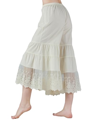 BEAUTELICATE Hosen Unterröcke Damen Baumwolle Culottes Hosen Anti-Static Viktorianisch Hosenrock 7/8 Schlafhose Pyjamahose Sommer mit Spitze (Beige,M) von BEAUTELICATE