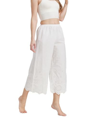 BEAUTELICATE Hosenunterröcke Damen 100% Baumwolle Schlafanzughosen Pyjamahose Viktorianisch Anti-Static Hosenrock Gerade Hosen mit Bestickte Spitze Elastische Taille (Elfenbein - Bestickte Spitze, XL) von BEAUTELICATE