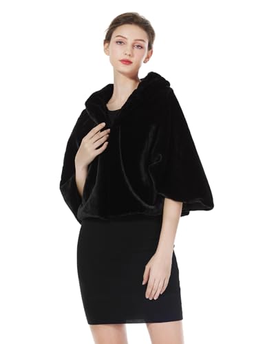 BEAUTELICATE Kunstpelz Bolero Schal Stola Pelz Cape Damen Braut Elfenbein Brautschal Brautjacke fur Hochzeit Winter Abend Festlich (Plus Size -Schwarz) von BEAUTELICATE