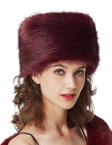 BEAUTELICATE Kunstpelz Mütze Damen Pelzmütze Winter Cossack Russische Mütze Kuschelig Fellmütze Warm für Weihnachten Reise Skifahren (Burgunderrot, Einheitsgröße) von BEAUTELICATE
