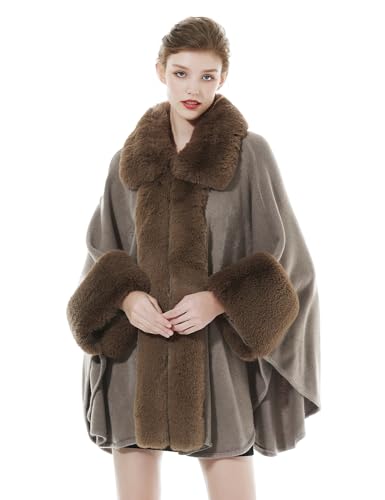 BEAUTELICATE Kunstpelz Poncho Cape Damen Gestrickter Umhang mit Kunstfell Kragen Winter Stola Bolero Warm Mantel Cardigan für Hochzeit Festlich Zeremonie Weihnachten (Khaki,Einheitsgröße) von BEAUTELICATE