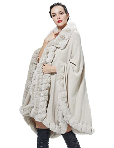 BEAUTELICATE Kunstpelz Poncho Cape Strick Damen Winter Kunstfell Schal Stola Cape Cardigan Warm mit Kragen für Hochzeit Zeremonie Festlich (Beige, Einheitsgröße) von BEAUTELICATE