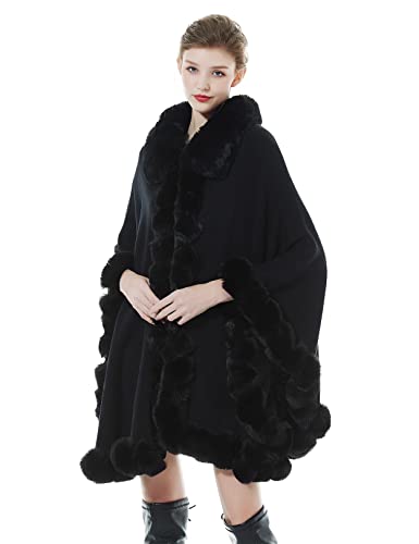 BEAUTELICATE Kunstpelz Poncho Cape Strick Damen Winter Kunstfell Schal Stola Cape Cardigan Warm mit Kragen für Hochzeit Zeremonie Festlich (Schwarz, Einheitsgröße) von BEAUTELICATE