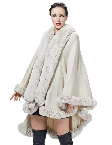 BEAUTELICATE Kunstpelz Poncho Cape Strick Damen Winter Warm Umhang Kunstfell Stola Bolero Cardigan Brautmantel mit Kragen für Hochzeit Zeremonie Festlich (Beige, Einheitsgröße) von BEAUTELICATE