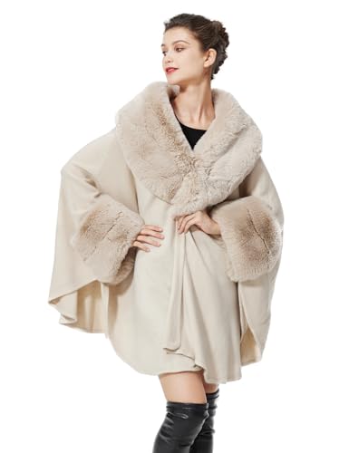 BEAUTELICATE Kunstpelz Poncho Stola Damen Umhang Cape Herbst Strickjacke Winter Mantel Mit Kunstfell Kragen Für Hochzeit Braut Abend S105 (Glatter Pelzkragen - Beige) von BEAUTELICATE