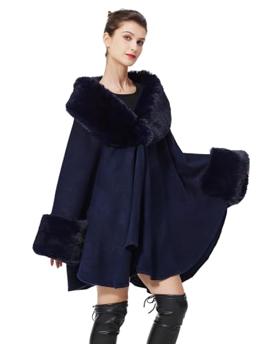 BEAUTELICATE Kunstpelz Poncho Stola Damen Umhang Cape Herbst Strickjacke Winter Mantel Mit Kunstfell Kragen Für Hochzeit Braut Abend S105 (Glatter Pelzkragen - Dunkelblau) von BEAUTELICATE