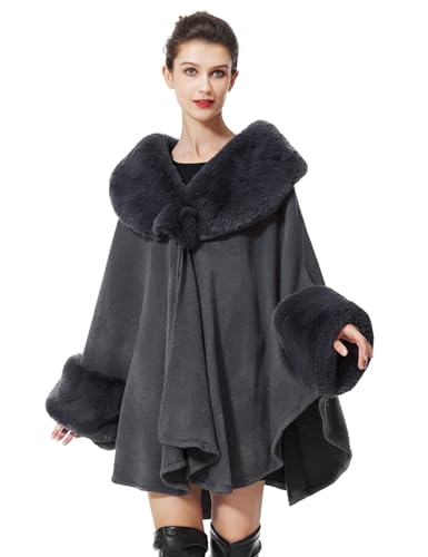 BEAUTELICATE Kunstpelz Poncho Stola Damen Umhang Cape Herbst Strickjacke Winter Mantel Mit Kunstfell Kragen Für Hochzeit Braut Abend S105 (Glatter Pelzkragen - Grau) von BEAUTELICATE