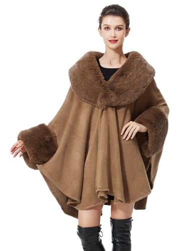 BEAUTELICATE Kunstpelz Poncho Stola Damen Umhang Cape Herbst Strickjacke Winter Mantel Mit Kunstfell Kragen Für Hochzeit Braut Abend S105 (Glatter Pelzkragen - Khaki) von BEAUTELICATE