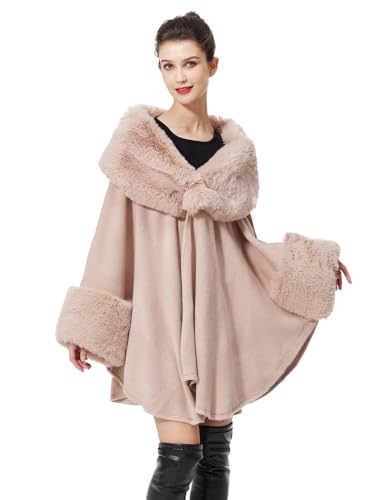 BEAUTELICATE Kunstpelz Poncho Stola Damen Umhang Cape Herbst Strickjacke Winter Mantel Mit Kunstfell Kragen Für Hochzeit Braut Abend S105 (Glatter Pelzkragen - Rosa) von BEAUTELICATE